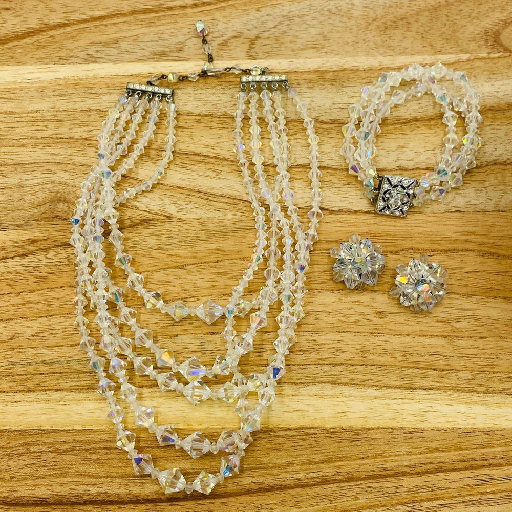 Vintage Matching Glass Crystal Faceted Necklace/Bracelet & Clip Earrings Set